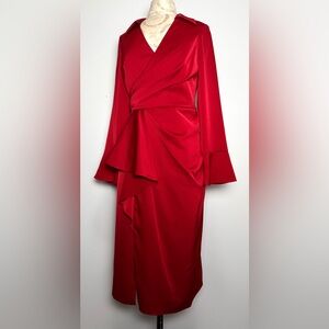 Red Draped Ruffle Wrap Dress Size 6 Long Sleeve Cocktail Midi